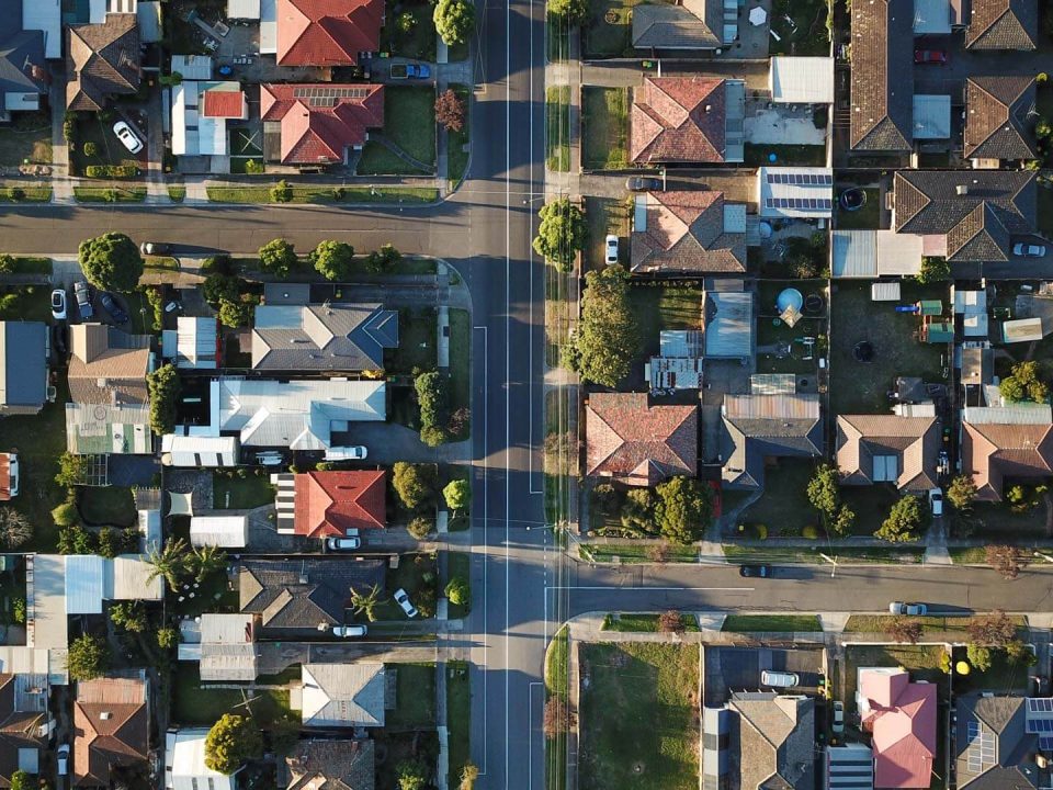 Aerial view of suburban houses. (Stock Photo)