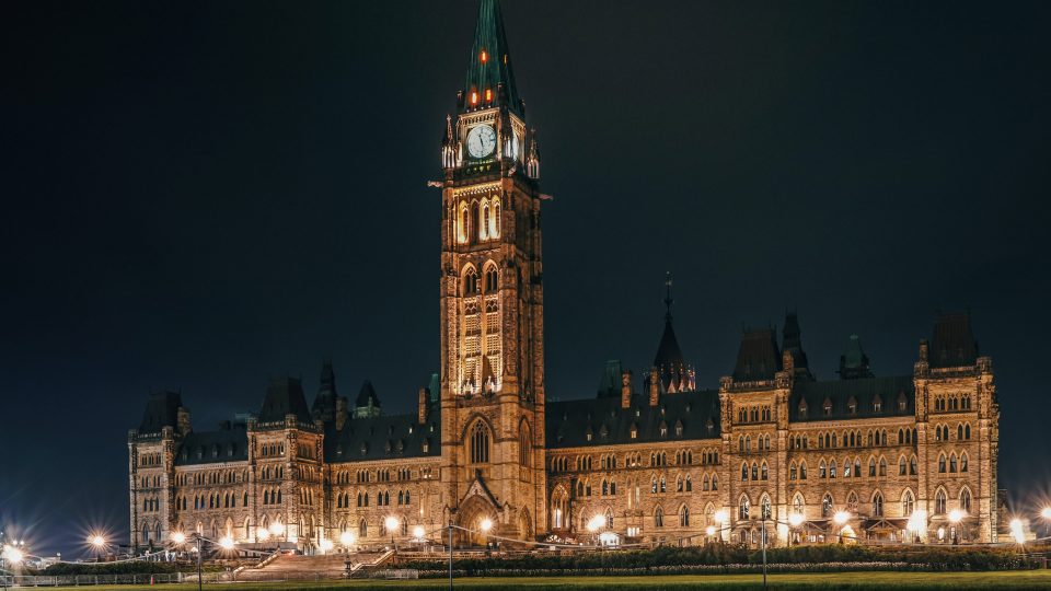 A view of the parliament of Canada at night