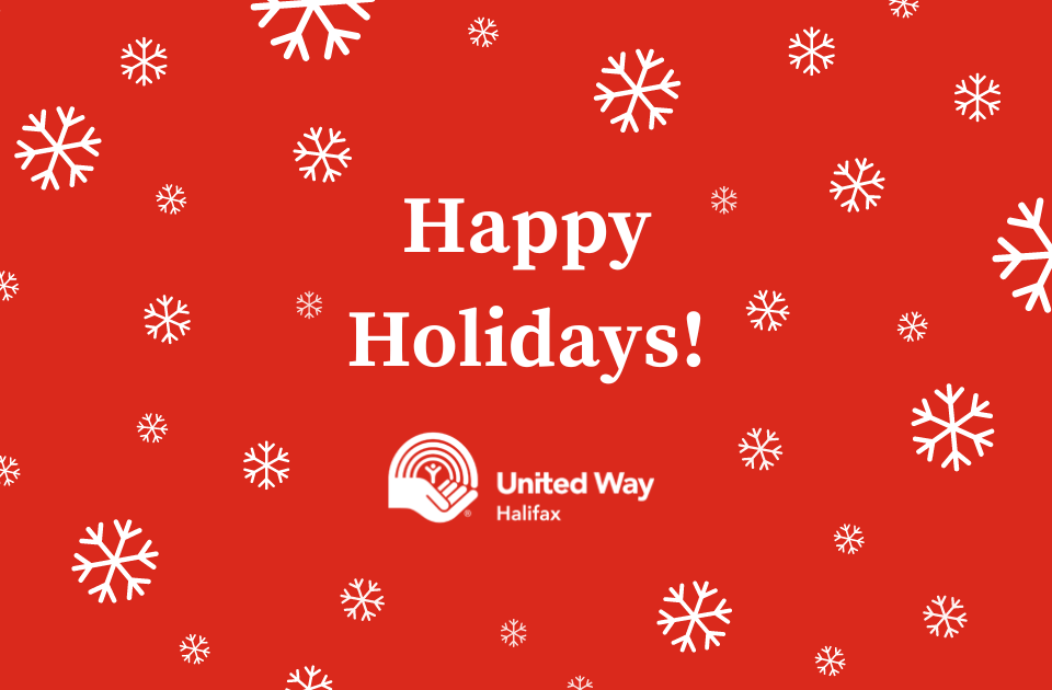 red background with white text and snowflakes. Text reads Happy Holidays!