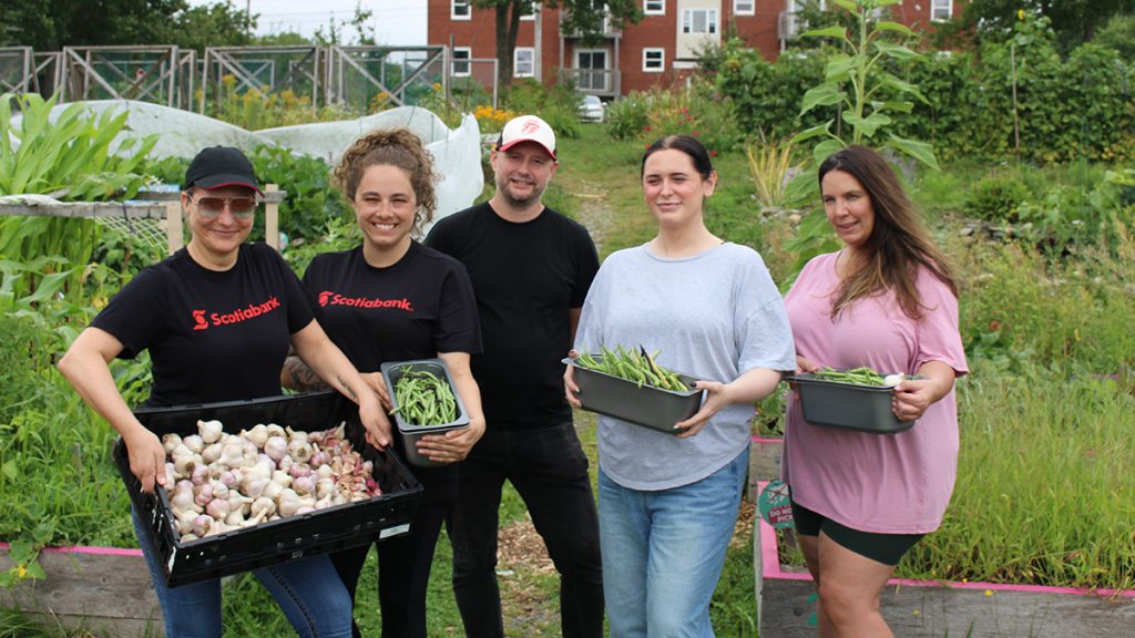 A group of five people standing in a community garden, showing off produce
