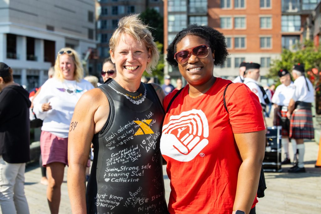 Sue LaPierre, the Senior Executive Director for Nova Scotia, and Kendra Darling, our Campaign Manager, stand outside on the waterfront after an extremely successful harbour swim. The harbour swim is the official kickoff to the Province of Nova Scotia's fundraising campaign.