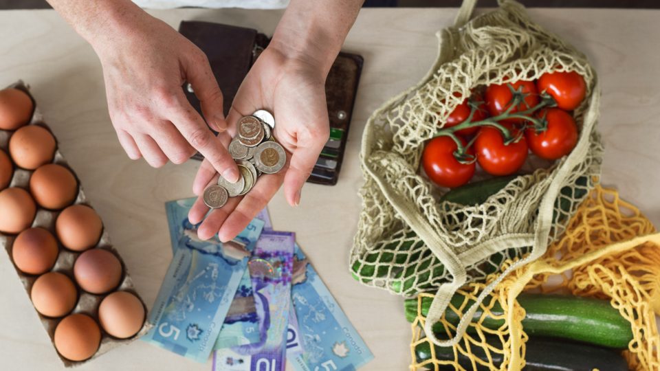 Person experiencing financial anxiety, counting money for groceries